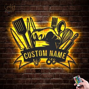 Chef Tools Metal Sign LED Lights, Custom Chef Kitchen Metal Signs ...