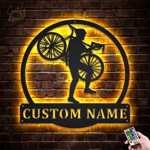 Bicycle Metal Sign LED Lights v7, Custom Bicycle Sport Metal Sign, Cycling Neon Metal Sign, Cyclist And Biker, Bicycle Wall Hanging