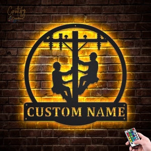 Lineman Metal Sign LED Lights v1, Custom Lineman Metal Sign, Lineman Neon Sign, LineWork Neon Wall Decor, Lineman Wall Hanging