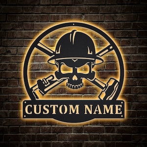 Oil Field Roughneck Skull Metal Sign LED Lights, Custom ROil Field Metal Sign,Oil Field Roughneck Name Sign,Oil Field Neon Metal Wall Decor