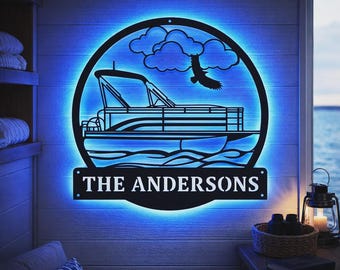 Custom Pontoon Boat Metal Wall Art With LED Lights, Personalized Pontoon Boat Metal Signs, Lake House Metal Wall Decor, Pontoon Wall Hanging