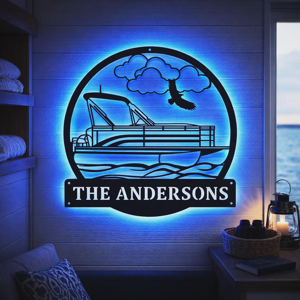 Custom Pontoon Boat Metal Wall Art With LED Lights, Personalized
