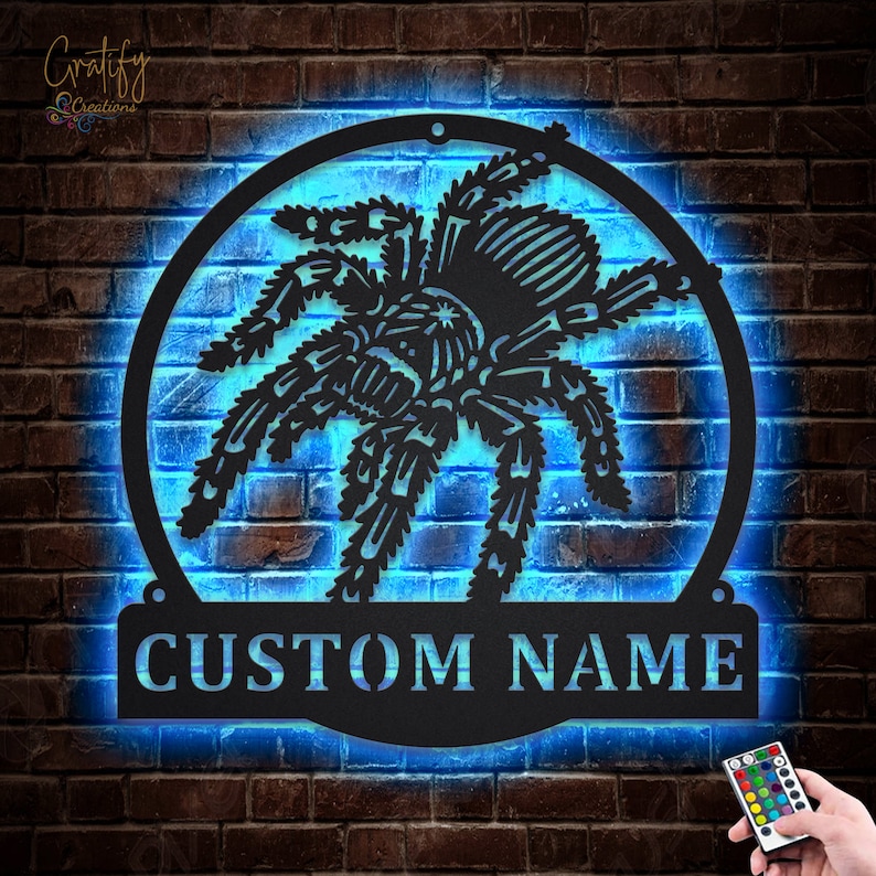 Spider Metal Sign Art LED Lights v3, Custom Tarantula Metal Wall Art Sign, Tarantula Neon Metal Wall Decor, Spider Wall Hanging image 2