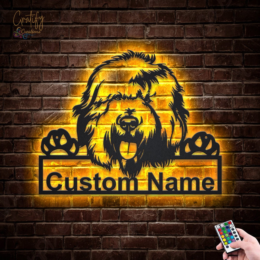 Old English Sheepdog Dog Metal Sign LED Lights, Custom Old English