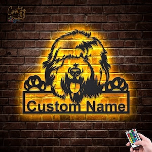 Oude Engelse herdershond hond metalen bord led-verlichting, aangepaste oude Engelse herdershond metalen bord, herdershond neon metalen wanddecoratie