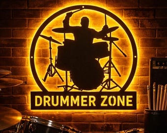 Geschenke für Drummer Custom LED Metallwandschild | Personalisierte Trommelmusik Dekor