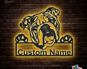 Custom English Bulldog Metal Wall Art LED Light, Personalized Bulldog Metal Signs, Dog Lover Name Metal Wall Decor, Dog Wall Hanging