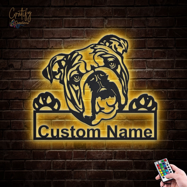 Custom English Bulldog Metal Wall Art LED Light Personalized Etsy