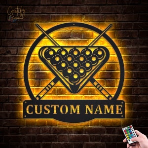 Insegna in metallo personalizzata con luci a LED v2 per biliardo, insegna al neon personalizzata per biliardo, decorazione murale in metallo con giocatore di biliardo