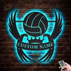 Volleyball Metal Wall Art LED Lights v8, Volleyball Metal Wall Art Signs RGB, Volleyball Metal Wall Decor, Sport Wall Hanging