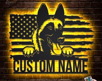 Custom US Malinois Dog Metal Wall Art With LED Lights, Personalized Malinois Metal Signs, Malinois Dog Metal Wall Decr, Dog Wall Hanging