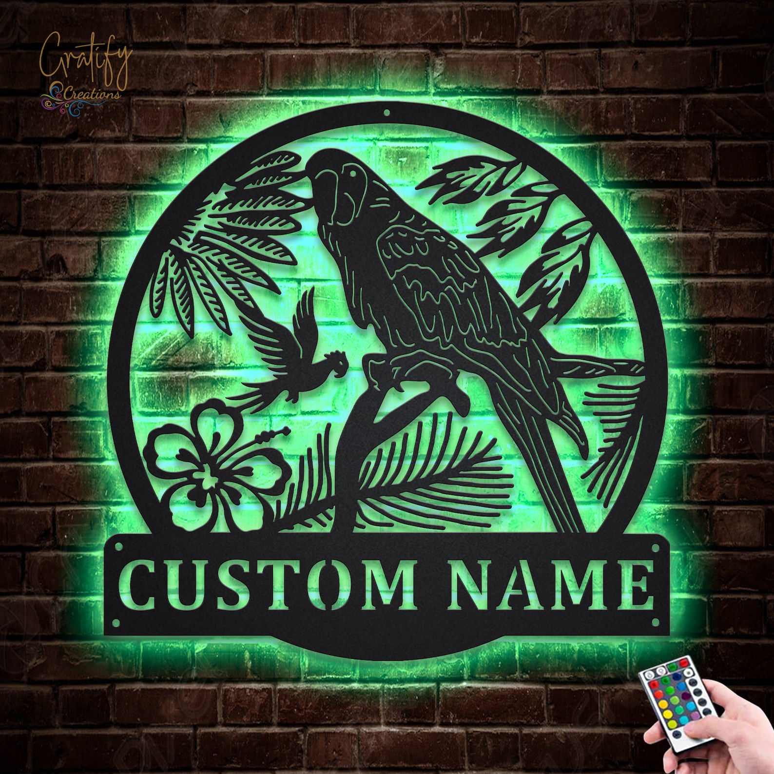 View of Macaw Bird Metal Sign LED Lights, Custom Macaw Bird Metal Sign, Macaw ...