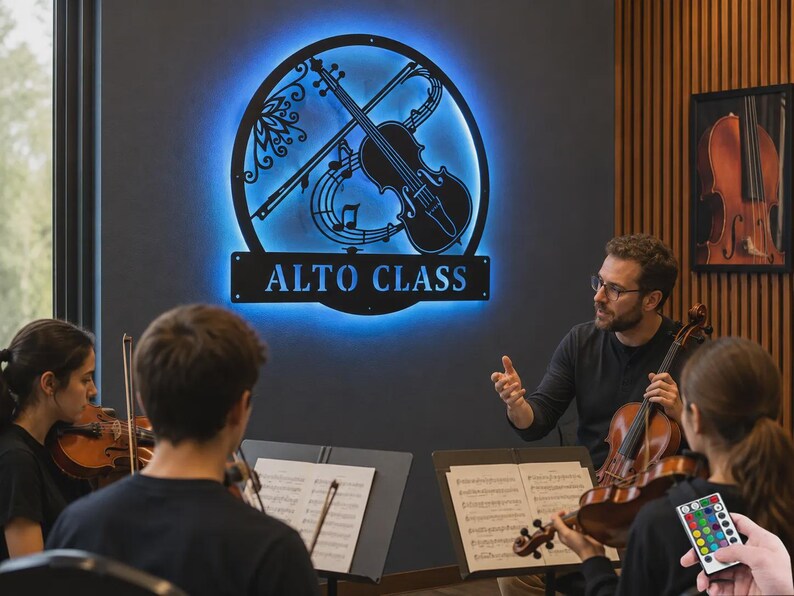 Puede incluir: Un letrero de pared circular de metal negro con la silueta de un viol&iacute;n y un arco, notas musicales y el texto ALTO CLASS. El letrero est&aacute; iluminado por una luz LED azul de fondo y se encuentra montado en una pared oscura sobre unos violinistas.