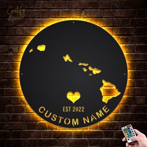 Letrero de metal con luces LED y mapa del estado de Hawái, arte de pared de metal con mapa del estado de Hawái personalizado, letrero de neón para decoración de pared Born In Hawaii, letrero de neón del estado de Hawái