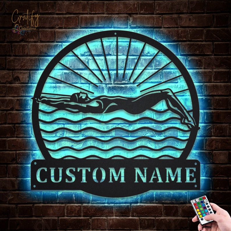 Female Swimmer Metal Sign LED Lights v1, Custom Swimming Metal Sign, Swimmer Player Neon Sign, Swim Coach Neon Metal Wall Decor image 2
