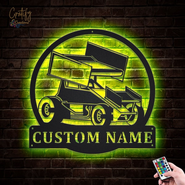 Custom Sprint Car Metal Wall Art With LED Lights, Personalized  Sprint Car Metal Signs, Garage Name Metal Wall Decor, Car Wall Hanging