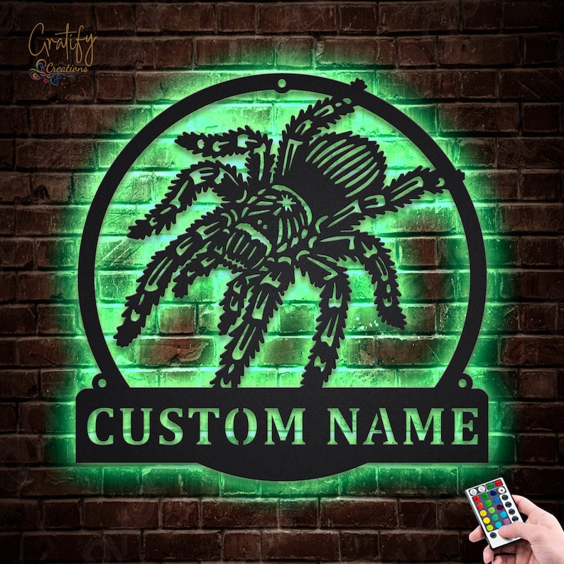 Spider Metal Sign Art LED Lights v3, Custom Tarantula Metal Wall Art Sign, Tarantula Neon Metal Wall Decor, Spider Wall Hanging image 3