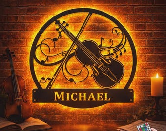 Geigen-Monogramm-Metallschild mit LED-Leuchten, kundenspezifisches Geigen-Metallschild, Musikinstrument, Geigen-Namensschild, Musik-Schlafzimmer