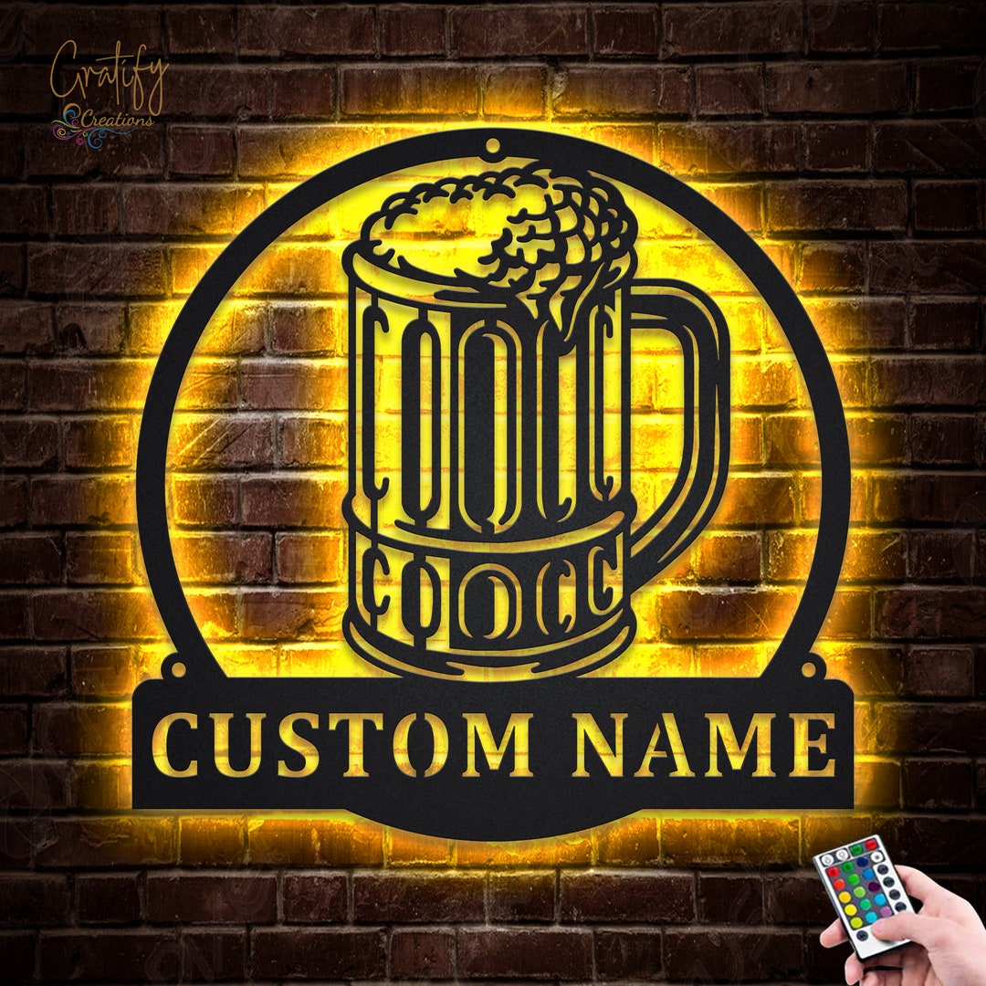 Custom Beer Bar Metal Wall Art LED Light Personalized Beer Mug Cheers