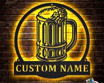 Custom Beer Bar Metal Wall Art LED Light Personalized Beer Mug Cheers Name Sign Home Decor Alcohol Drink Bar Pub Decoration Dinking Man Cave