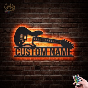 Custom Guitar Metal Sign With LED Lights,Guitar Metal Wall Art RGB Signs, Guitar Studio Name Wall Decor, Guitar Wall Hanging For Decoration