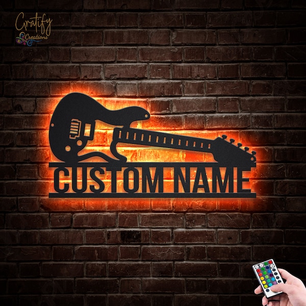 Benutzerdefiniertes Gitarren-Metallschild mit LED-Leuchten, Gitarren-Metall-Wandkunst RGB-Schilder, Gitarrenstudio-Namenswanddekoration, Gitarren-Wandbehang zur Dekoration