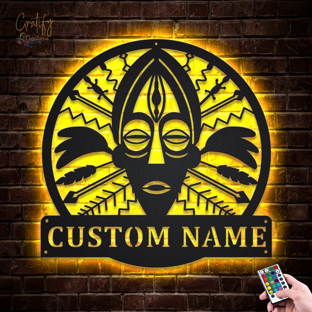 African Tribal Mask Metal Wall Sign With LED Lights – Custom Ethnic ...