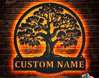 Oak Tree Metal Sign LED Lights v5, Custom Oak Tree Family Metal Signs, Oak Tree Neon Metal Decor, Tree Of Life Wall Hanging