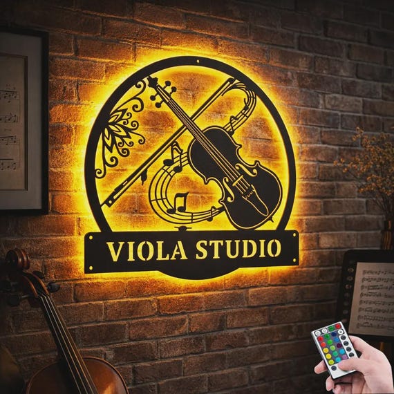 Personalized Viola LED Metal Wall Sign, RGB Color Changing Music Studio Decor, String Player Gift