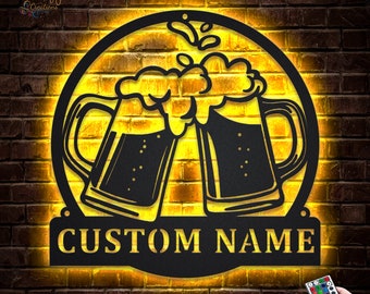 Custom Beer Bar Metal Wall Art LED Light Personalized Beer Mug Cheers Name Sign Home Decor Alcohol Drink Bar Pub Decoration Dinking Man Cave