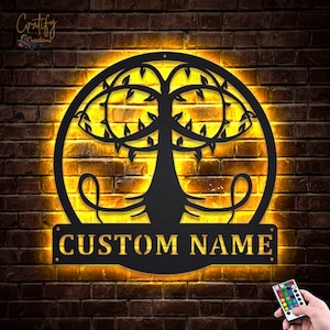 Roots Tree Family Metal Sign LED Lights v9, Custom Family Metal Signs, Tree Of Life Neon Metal Decor, Tree Of Life Wall Hanging