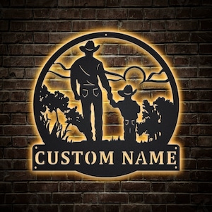 Cowboy And Son Metal Sign With LED Lights v2, Personalized Cowboy And Son Metal Sign, Cowboys Wall Decor, Cowboy Wall Hanging