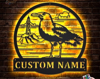 Custom Seagull Bird Metal Wall Sign with LED Lights – Coastal Home Decor