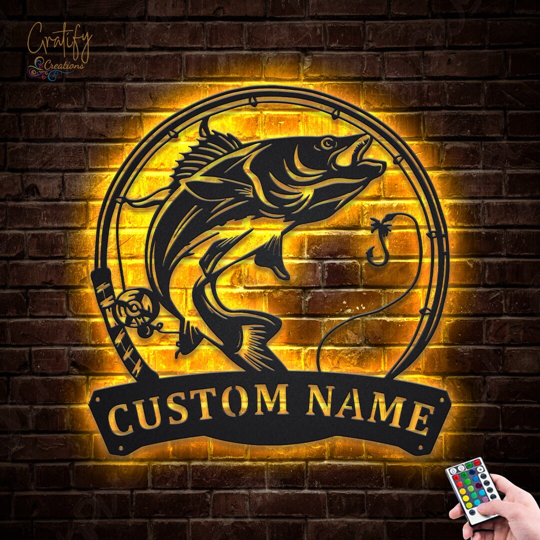 Custom Walleye Fishing Fish Pole Metal Sign With LED Lights