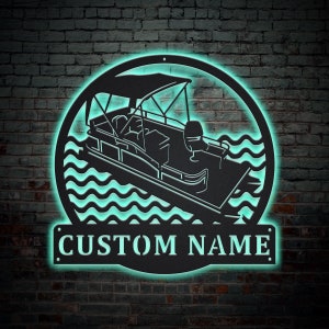 Custom Pontoon Boat Monogram Metal Sign With LED Lights v5, Personalized Pontoon Boat Metal Sign, Pontoon Boat Wall Hanging For Decoration