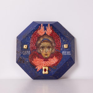Hand-Painted Seraphim Icon on Antique Wood, Ruby Inlay, Sacred Christian Art