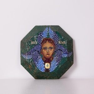 Angel Seraphim Icon, Hand-Painted on Antique Wood, Religious Sacred Art