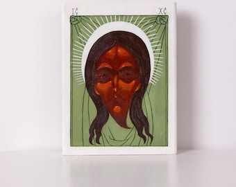 Hand-Painted Icon of Christ Not Made by Hands on Antique Wooden Board, The Icon of Christ of Edessa, Holy Mandylion, Sacred Christian Art