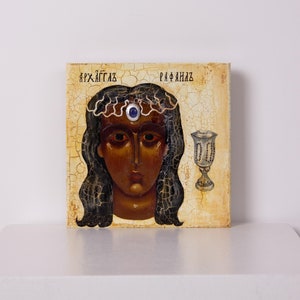 Hand-Painted Icon of Archangel Raphael on Antique Wood, Byzantine Archangel Icon with Sapphire Inlay