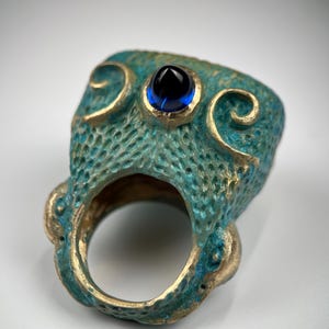 Noeton Patinated Bronze Ring • Byzantine Egyptian Jewelry with Ruby & Blue Spinel • Ibis Motif