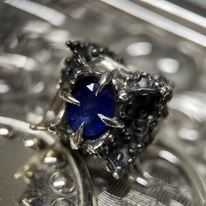 Oira-Oxidized Silver Ring with 3ct Sapphire, Ziggurat-Inspired Statement Ring, Moonstone Accents, Unique Handmade Jewellery, One-of-a-kind