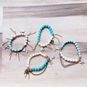 Heal Rox, tropical jewelry, Boho, handmade beaded bracelet stacks with fringe and chains, charm bracelets, gemstone bracelets