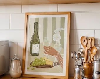 Arte de pared de vino, impresión de cocina, decoración de comedor, póster de naturaleza muerta, arte de pared mediterráneo, decoración de carrito de bar, impresión artística de botella de vino