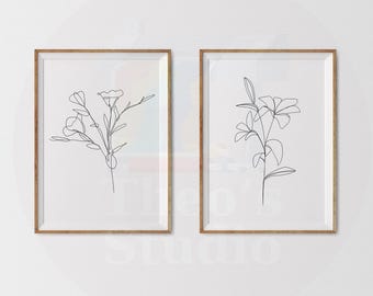 Minimalist Botanical Line Art Set of 2, Abstract Floral Wall Art, Modern Plant Prints, Scandinavian Neutral Home Decor, Digital Art