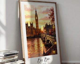 Arte de pared imprimible del Big Ben de Londres, póster de viaje de Londres, Reino Unido, puente de Westminster, atardecer, paisaje urbano, estilo vintage, decoración de galería