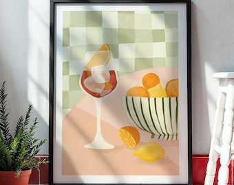Arte mural de cóctel mediterráneo, decoración de cocina cítrica, póster de bebida de verano estilo Aperol, arte de bar imprimible