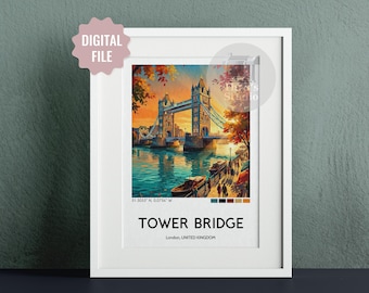 Tower Bridge Travel Poster Printable Wall Art London City Illustration Architecture Print Digital Download United Kingdom