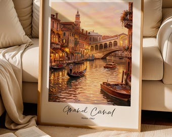Arte de pared imprimible del Gran Canal de Venecia, póster de viaje de Venecia, Italia, paisaje urbano romántico, decoración del atardecer, impresión de galería de estilo vintage