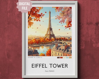 Eiffel Tower Travel Poster Printable Wall Art Paris City Illustration Architecture Print Digital Download France