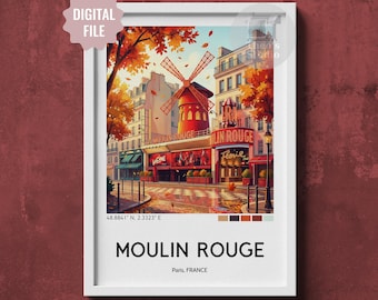 Moulin Rouge Paris Printable Wall Art, Iconic Cabaret Illustration, France Travel Poster, Autumn Cityscape Print